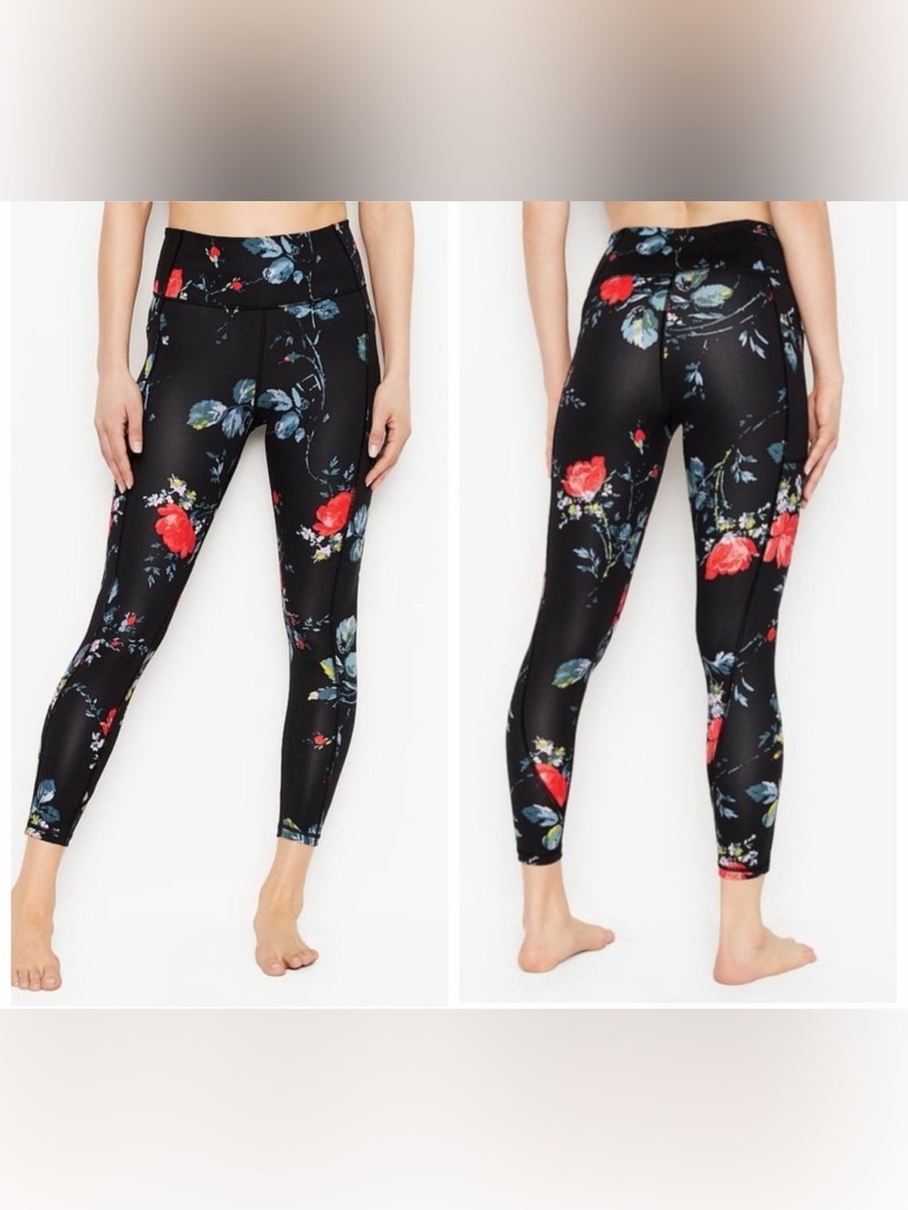 Victoria's Secret Black Leggings with Coral Floral Print